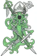 green squid with eyepatch holding sword and anchor tattoo design idea