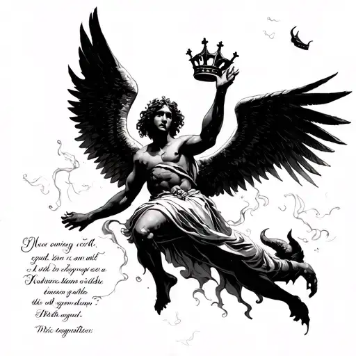 falling angel trying to rise again one wing angels one wing devils, god looking, dissapointed, crown flying around, text tattoo design idea
