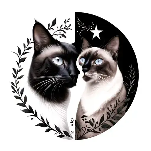 one tuxedo cat and one siamese with half of her face black. Assembled into a ying and yang symbol with vines and  star tattoo design idea