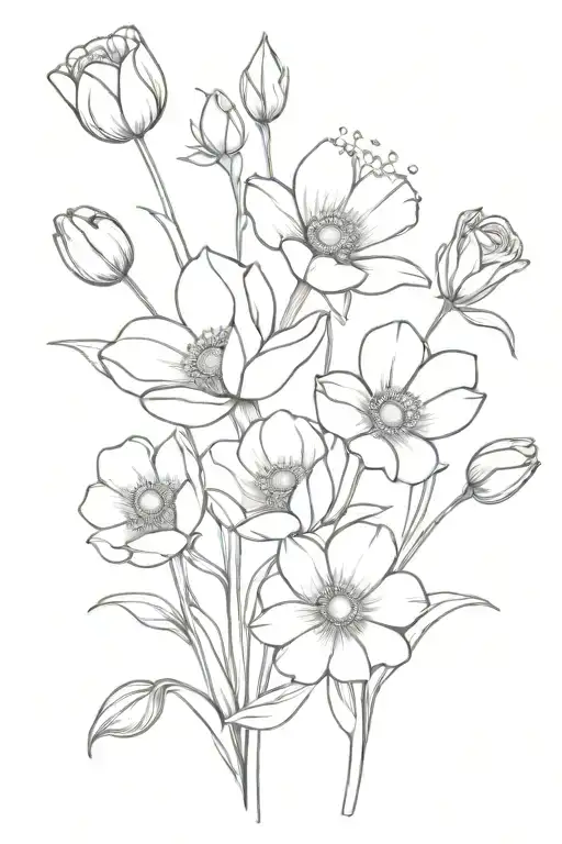 Flowers (tulips, roses, buttercups, daisy bouquet tattoo design idea
