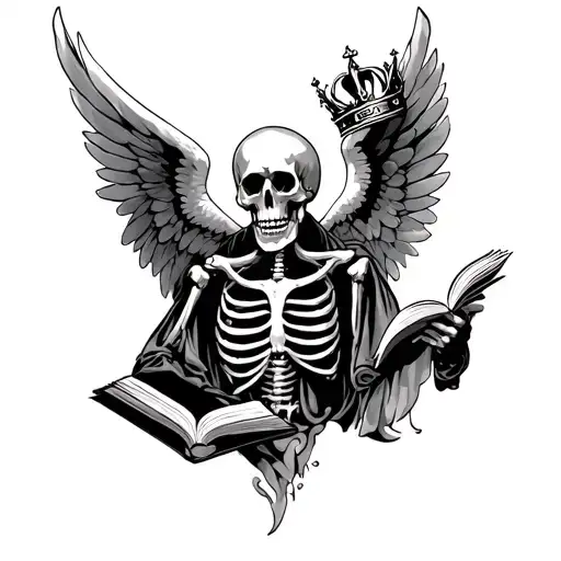 Full-length skeleton tattoo, head to the left, a book in his left hand, reading, a crown in his right hand, angel wings tattoo design idea