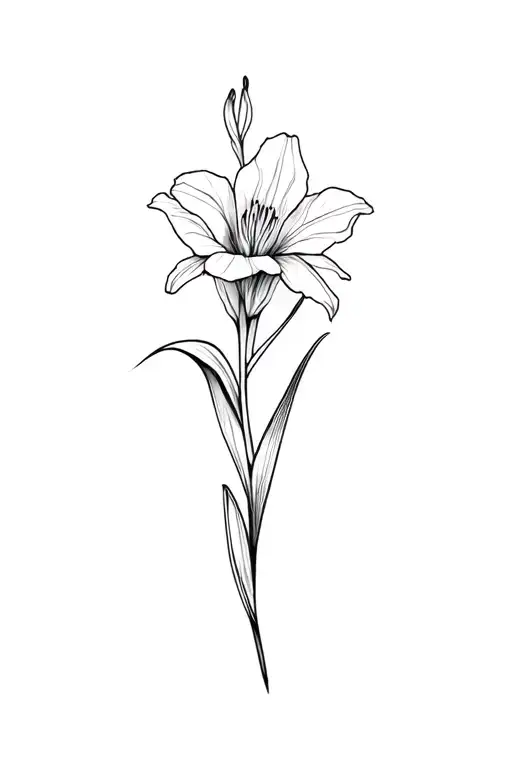 basic fine line gladiolus flower in black and white tattoo design idea