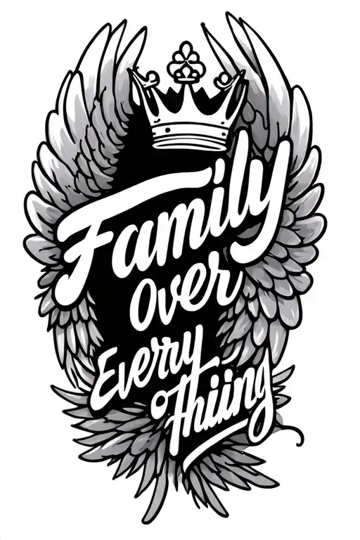 "Family Over Everything" wings spread with crown tattoo design idea