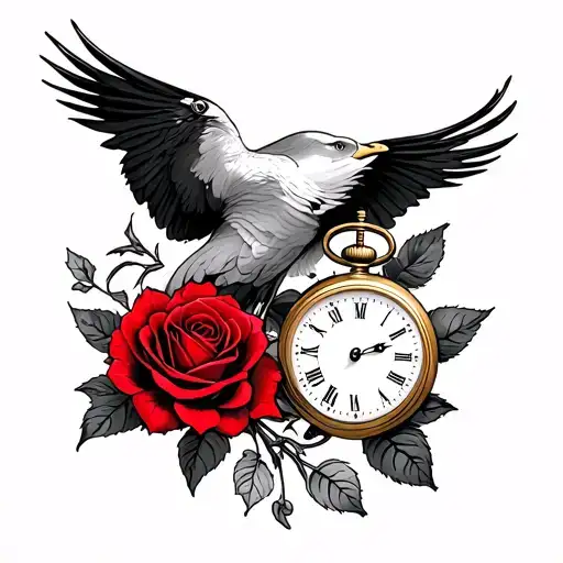 red kite,rose, pocket watch on shoulder and arm tattoo design idea