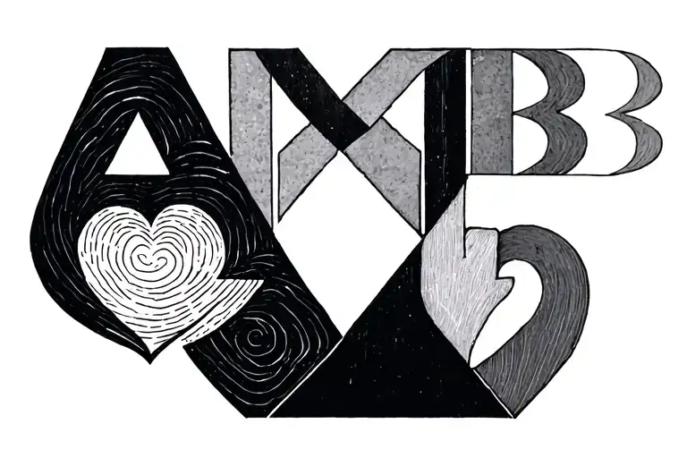 geometric design with the initials aavb a thumbprint and a heart tattoo design idea