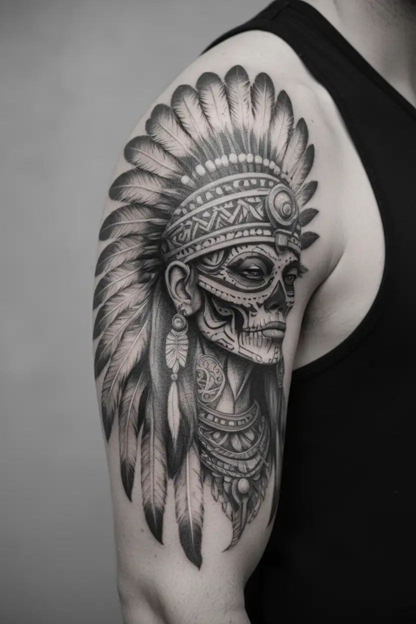 aztec warrior girl, skeletal fierce face, crown skull, geometric patterns feathers, spirituality, afterlife, death tattoo design idea