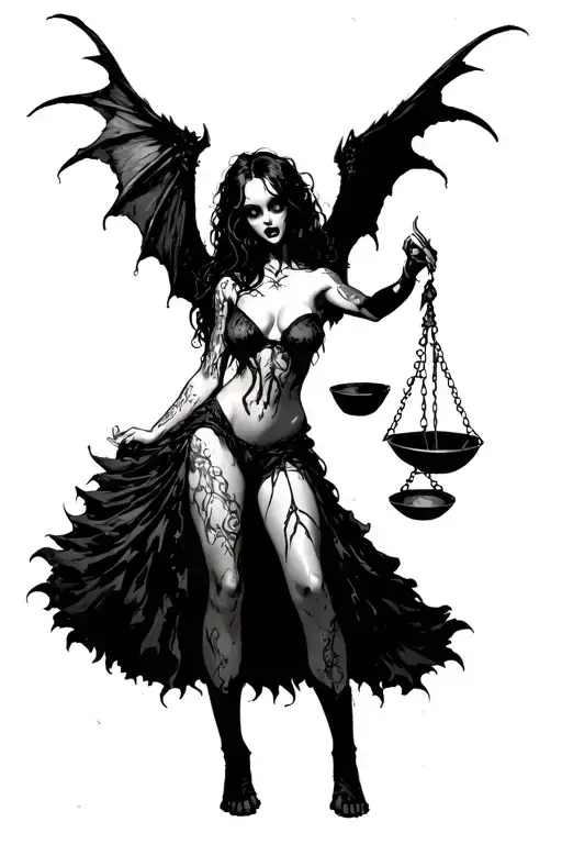 A scary full-length girl in a ripped sexy dress with demon wings, who holds scales with bowls in her right hand tattoo design idea