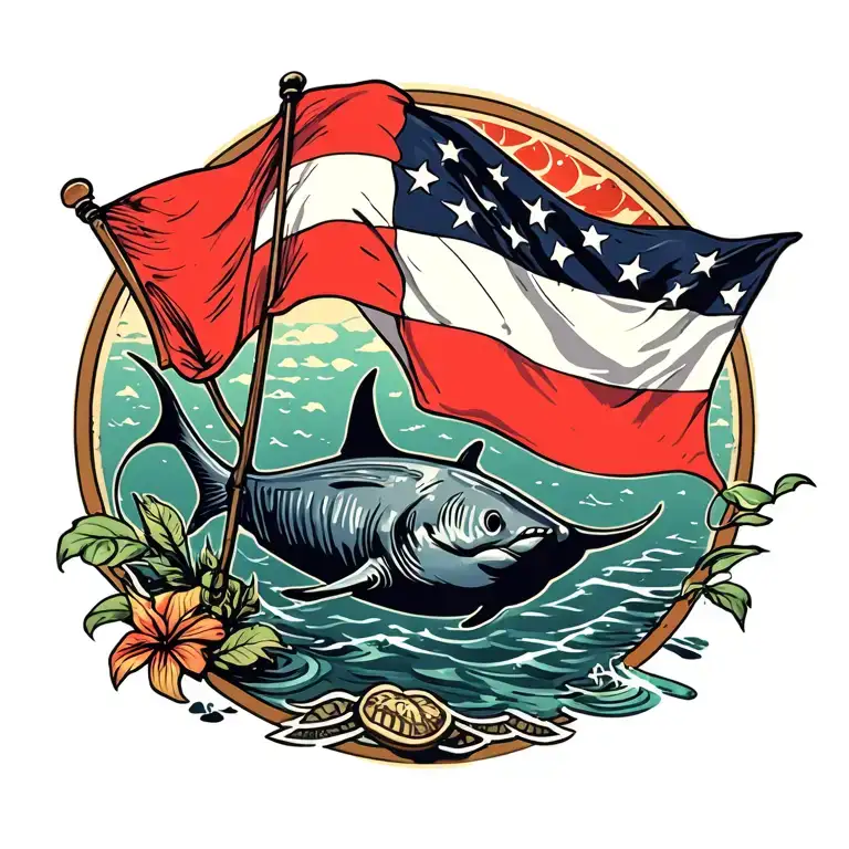 make me a scuba diving tattoo that incorporates the red and white dive flag and also a manta ray in Mayan style  tattoo design idea