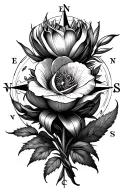 compass, rose, protea, lavender, 5 stars, modern interpretation with calla lily tattoo design idea