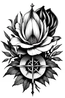 compass, rose, protea, lavender, 5 stars, modern interpretation with calla lily tattoo design idea