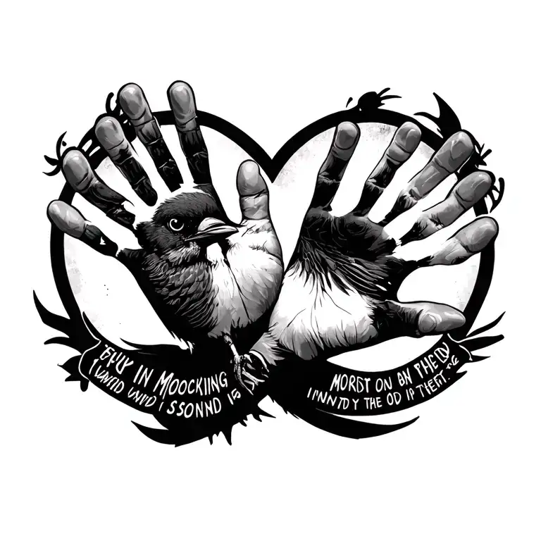black ans white kids handprint with lyrics from mocking bird sond writen in a circle around it in 2-3 layers  tattoo design idea