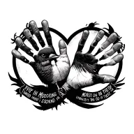 black ans white kids handprint with lyrics from mocking bird sond writen in a circle around it in 2-3 layers  tattoo design idea