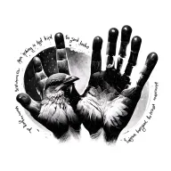 black ans white kids handprint with lyrics from mocking bird sond writen in a circle around it in 2-3 layers  tattoo design idea