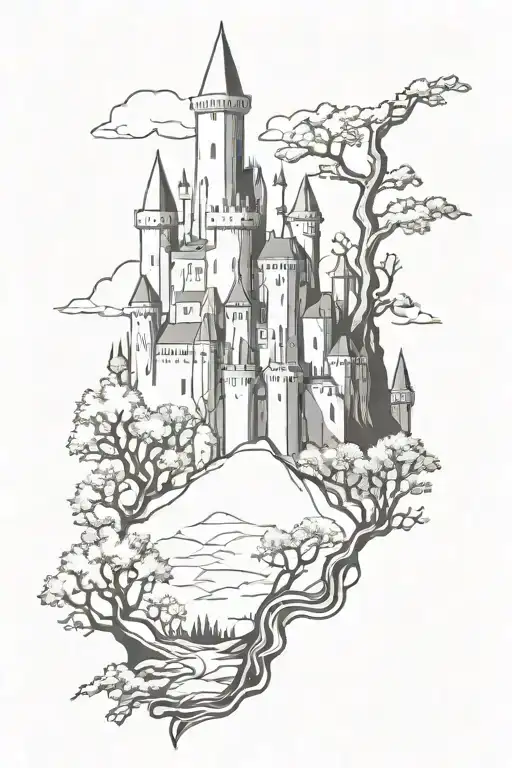 castle in forest medieval fighting scene  tattoo design idea