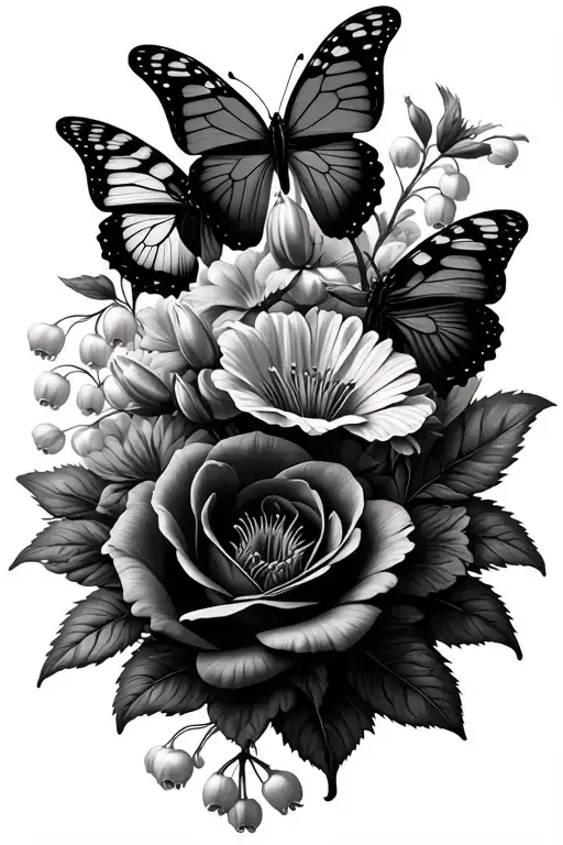 rose, Lily of the valley, aster 3 butterflies flying tattoo design idea