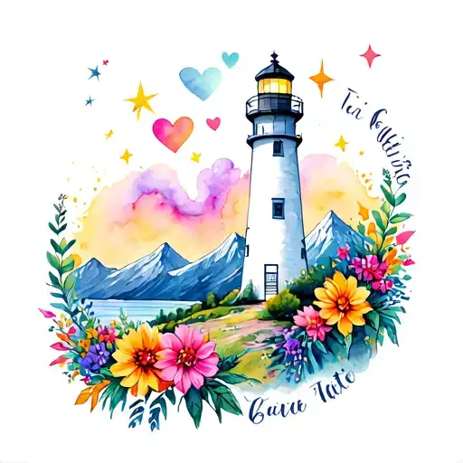 Small realistic Lighthouse tattoo White surrounded by tall colorful flowers and mountains Stars and Hearts with the word tattoo design idea