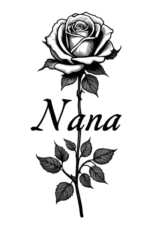 "Nana" "Nana" "Nana" rose with a name through it on the middle finger tattoo tattoo design idea
