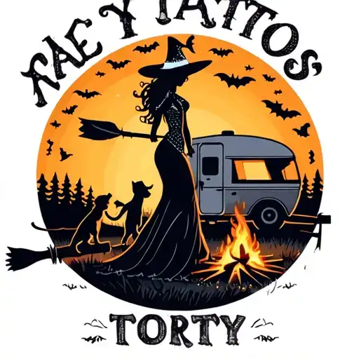silhouette of busty sexy witch bride on broomstick over a campsite with a trailer and campfire with children & dog tattoo design idea