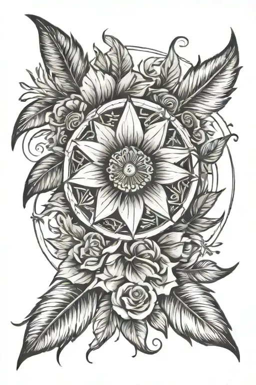 Cherokee rose and 7 pointed star with feathers and arrows tattoo design idea
