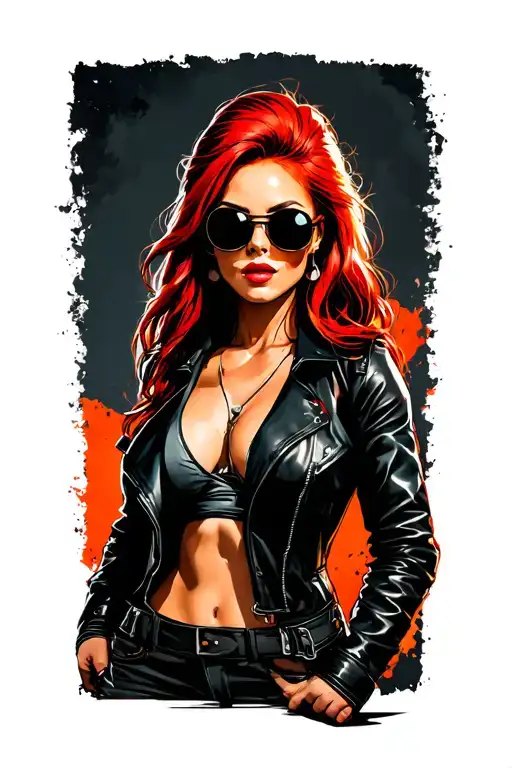 create a cartoon egg headed woman with red hair wearing biker leathers add sunglasses  tattoo design idea