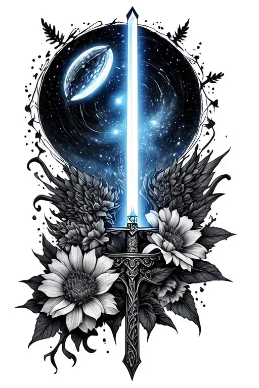 floral with star wars lightsaber hilt, harry potter wand, interstellar black hole, inception top, throne of glass sword  tattoo design idea
