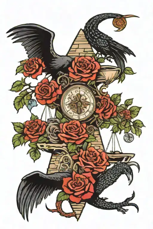 roses, dragon coil, waterfall flowing, pyramid, big tree, crows, moon, yinyang, hourglass, whale, wheel chair tattoo design idea
