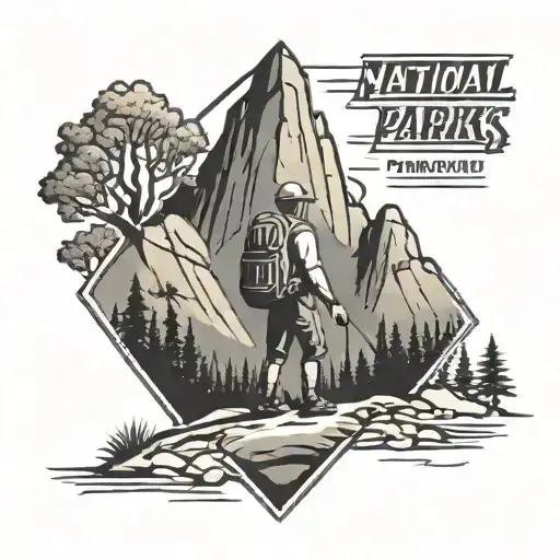 Hiker stick figure inside national parks arrowhead logo tattoo design idea