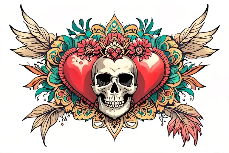 chest tattoo with mandala, sacred heart, and skull tattoo design idea