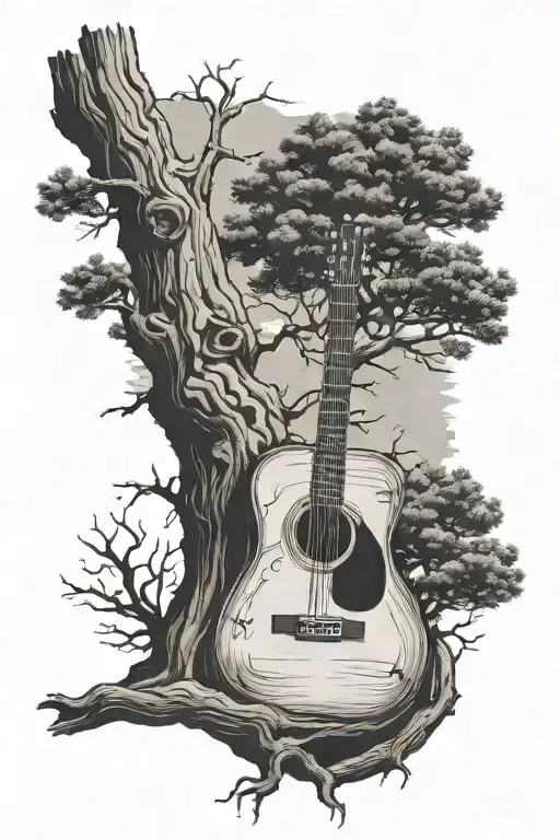 ponderosa pine tree with roots deep wrapping around an acoustic guitar below tree tattoo design idea