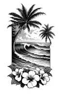 ocean waves beach with hibiscus flowers bottom right and palm tree upper right tattoo design idea