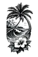 ocean waves beach with hibiscus flowers bottom right and palm tree upper right tattoo design idea