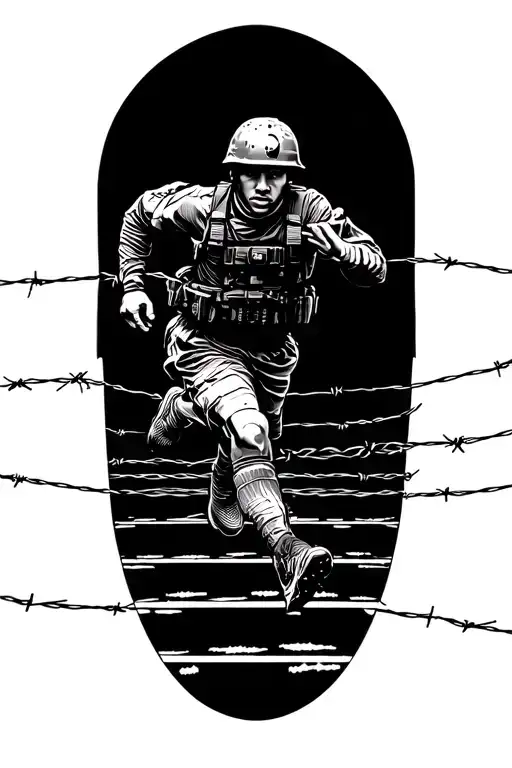 An intricate design of a soldier running on a track with barbed wire intertwined with running shoes tattoo design idea