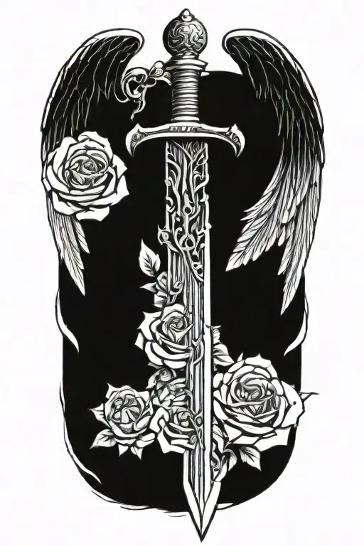 angel wings behind sword, roses tattoo design idea
