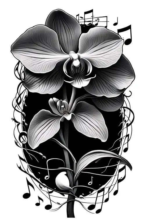 orchid blooming underwater surrounded by music notes tattoo design idea