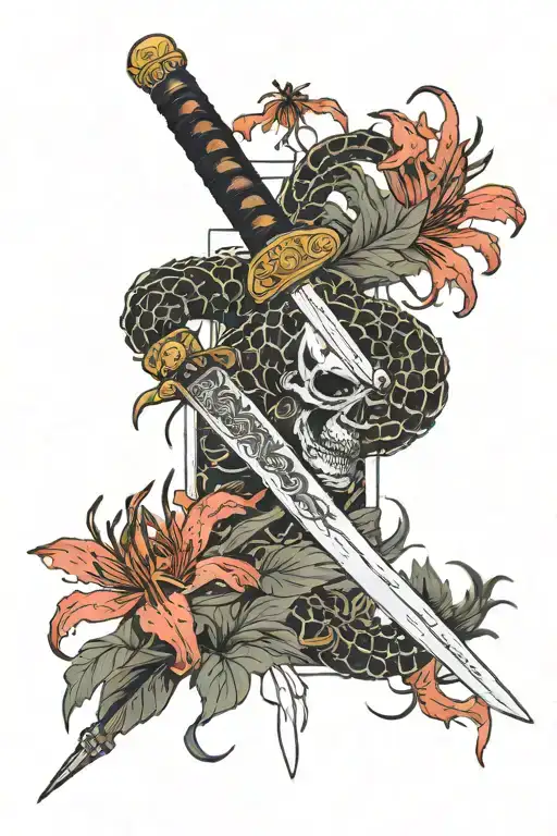 Chinese sword surrounded with spider red lilies blooming tattoo design idea