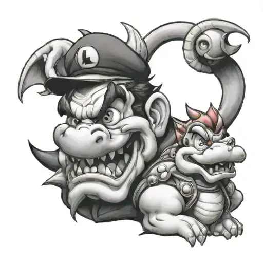 traditional tattoo of Luigi holding bowser’s head with x’s in his eyes similar to the famous Theseus and Medusa motif tattoo design idea