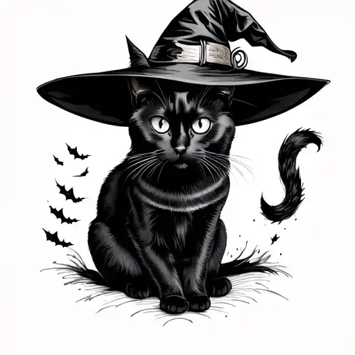 silhouette black cat sitting with witch hat on its head tattoo design idea
