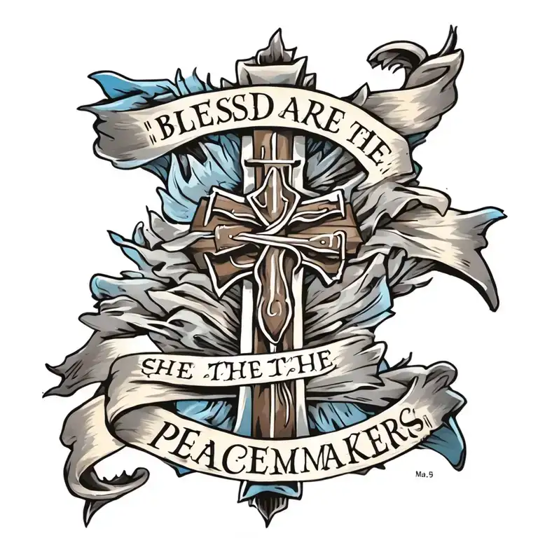 Cross with ""Blessed are the peacemakers" written on a draped blue sash.  Mat 5:9 written underneath tattoo design idea