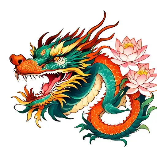 Japanese dragon with lotus flowers tattoo design idea