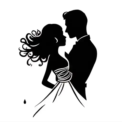 A silhouette of a couple dancing, very minimal, with a tiny teardrop as a subtle emotional accent tattoo design idea