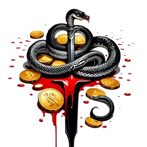 snake on a bloody dagger in a pile of bloody gold coins tattoo design idea