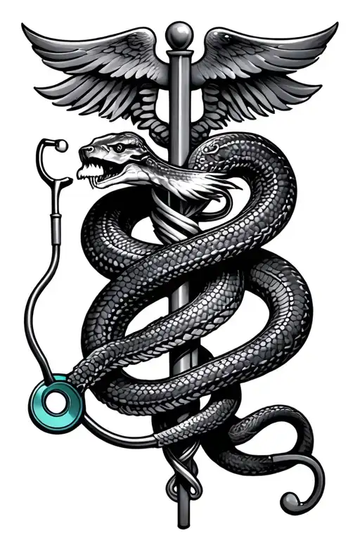 powerfull and majestic snake around a rod of caduceus with a stethoscope and hearth tattoo design idea