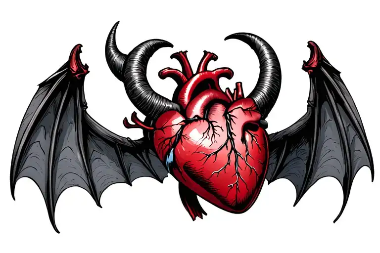 anatomical heart with horns and bat wings tattoo design idea