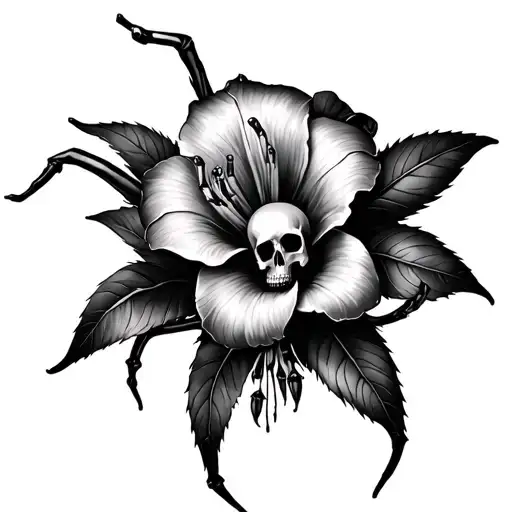 Lilly flower with spider and skulls tattoo design idea