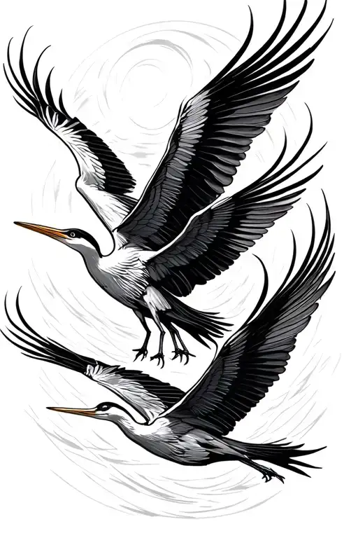A sketch for a tattoo of elegant flying herons with black lines on a white background with thin lines without shadows, only a contour. Shadows are not over tattoo design idea