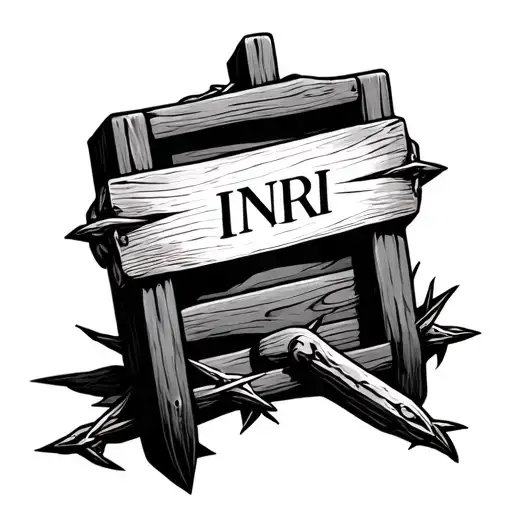 Black and white wooden sign with INRI written on it propped over two Roman nails and a crown of thorns hung on the side  tattoo design idea