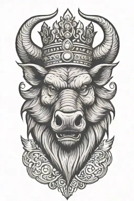 angry boar head wearing a crown with a winged background tattoo design idea