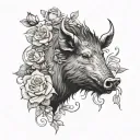 wild boar head with tuss and roses  tattoo design idea