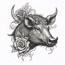 wild boar head with tuss and roses  tattoo design idea