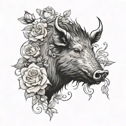 wild boar head with tuss and roses  tattoo design idea